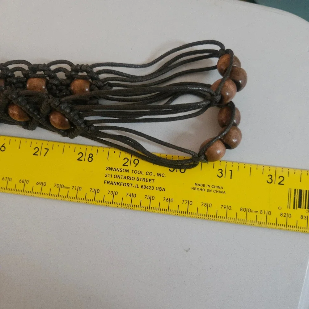 Vtg Boho Macrame‎ Tie Belt Brown Cord Wooden Beads Hippie Festival Tassel 60in